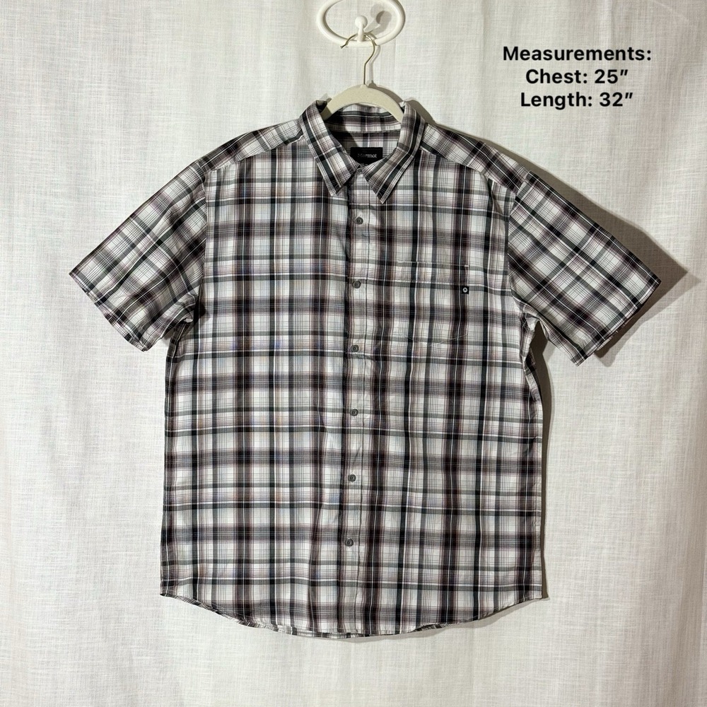 Marmot Plaid Performance Button Up‎ Shirt XL Brown Gray Short Sleeve Outdoor